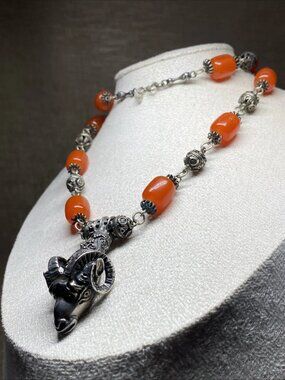 Vintage Sterling Silver 925 Ram Head Pendant Necklace Catalin Beads Ethnic Nor